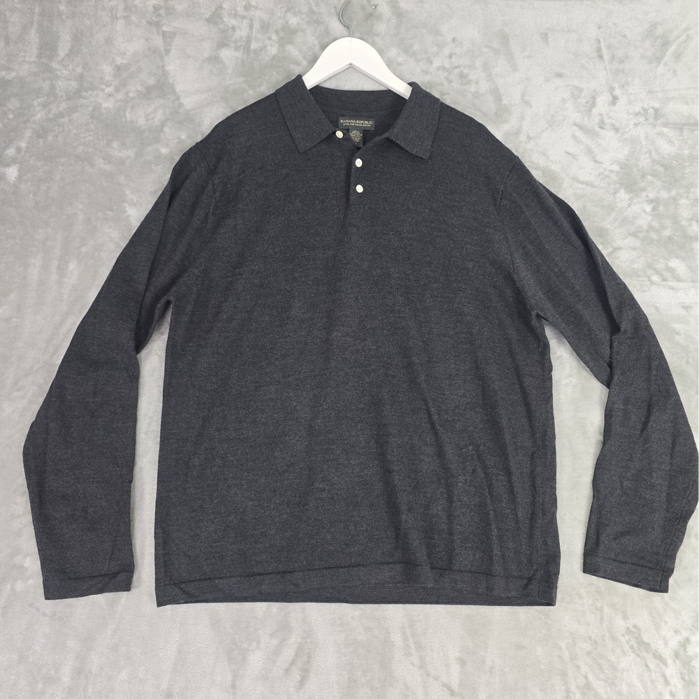 Banana Republic Mens Extra Fine Merino Wool Henley Sweater XL Grey Preppy
